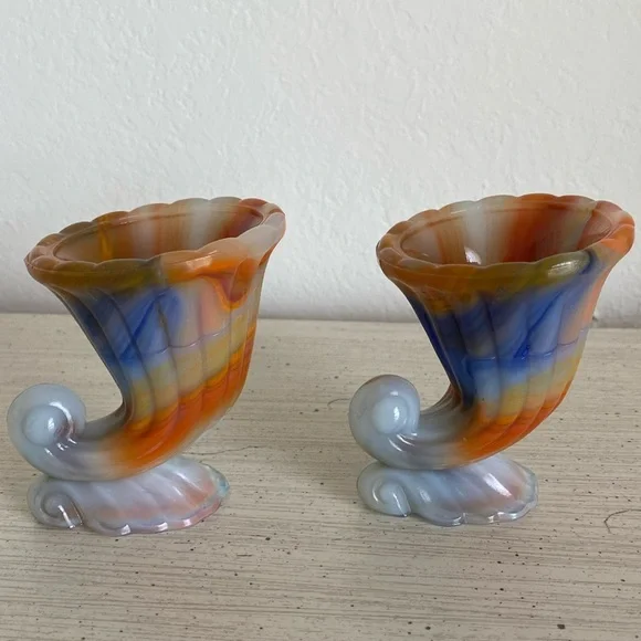 Vintage pair of Akro Agate 765 slag, glass, toothpick holders - Picture 1 of 2